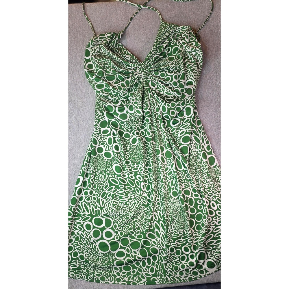 Susana Monaco Green White Geometric Circle Print Halter Mini Dress Large